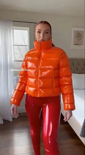 Shiny orange puffer jackets #pufferjacket #shiny #fashion #latex