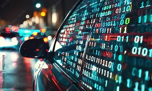 Binary Code Reflected on Car Windows, Futuristic Urban Scene with Digital Overlay in Stunning 4K – Ideal Video Stock for Technology, Cybersecurity, and Sci-Fi Projects.
