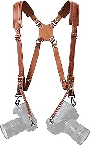 Padwa Lifestyle Tan Dual Camera Harness Strap for Two-Cameras - Dual Shoulder Full Grain Leather Harness,Multi Double Camera Gear for DSLR/SLR Strap,Double Camera Harness for Photographers