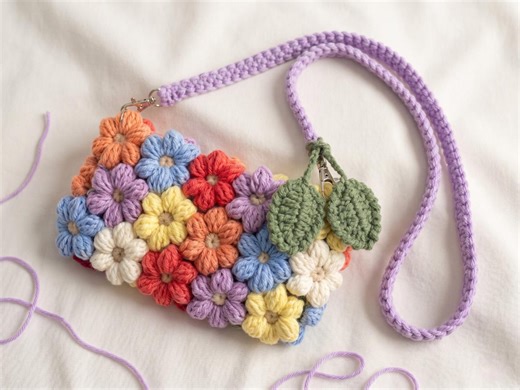 Crochet Puff Flower Phone Bag Pattern, Boho Crossbody Mobile Purse PDF - Etsy