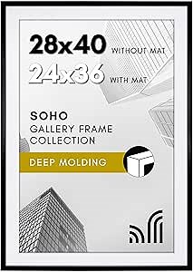 Americanflat 28x40 Poster Frame with Polished Plexiglass - Use as 24x36 Frame with Mat or Display 28x40 Photo Without Mat - Soho Collection - Deep Molding Picture Frames for Wall Display - Black