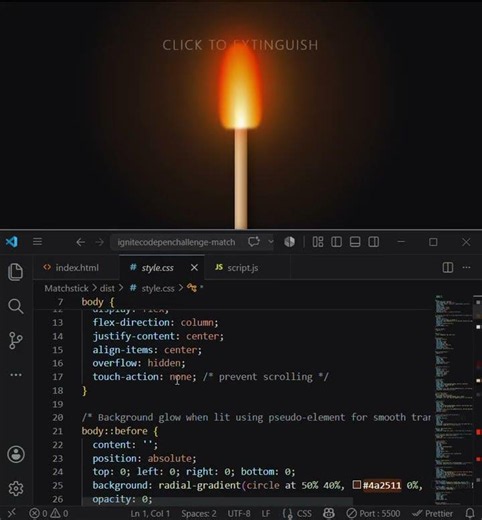 How to create a MatchStick by using HTML,CSS and JAVASCRIPT in VS code.