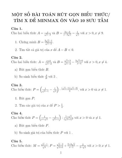 Một số bài toán hay về rút gọn biểu thức/tìm x để minmax ôn thi vào 10 toán thường.Các bn tham khảo