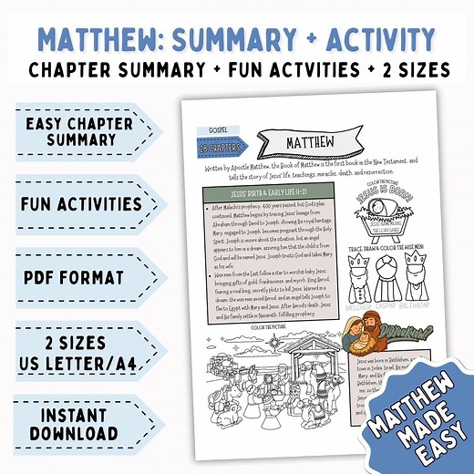 Matthew Bible Activity Kids, Bible Worksheet, Coloring Page, Bible Lesson, New Testament for Kids, Sunday School Lesson, PRINTABLE, DOWNLOAD - Etsy
