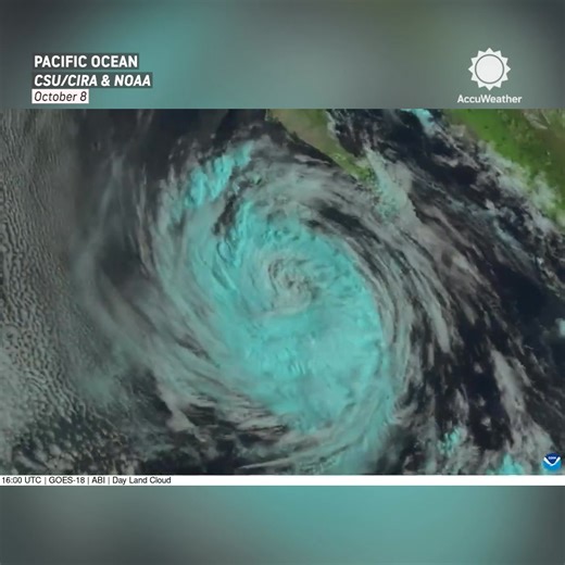 Satellite imagery shows Tropical Storm Priscilla churning near Baja California Sur after weakening from a hurricane, with its moisture still posing a flash flood risk across the Southwest later this week. | AccuWeather