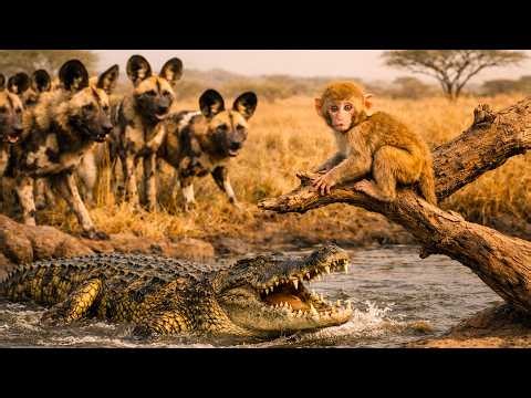 Baby Monkey Trapped Between Wild Dogs and Crocodiles in the African Wild