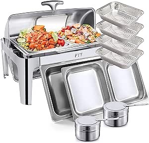 Roll Top Chafing Dish Buffet Set 10qt Professional Chaffing Server Set Commercial Chafer Chafers for Catering Rolling Buffet Servers and Warmers Chafing Dishes Warming Tray(2 Half Size 4 Foil Pans)
