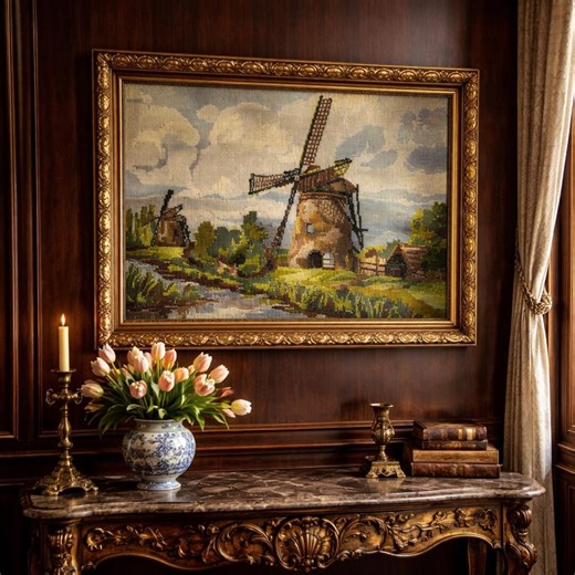 Vintage Hand-sewn Needlepoint Crewel Embroidery Dutch Windmill Scene in Gold Ornate Frame , Cottagecore Farmhouse Country French County - Etsy