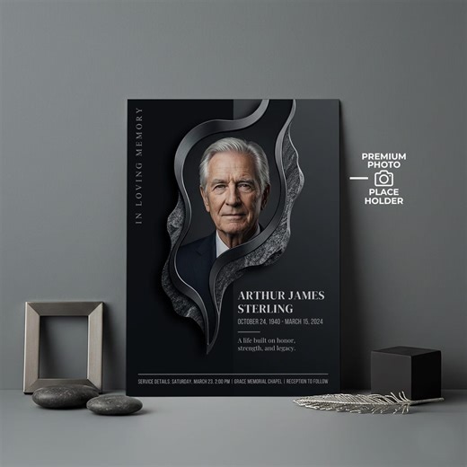 Modern Masculine Funeral Program Template Black Stone Memorial Service Celebration of Life Obituary Editable - Etsy