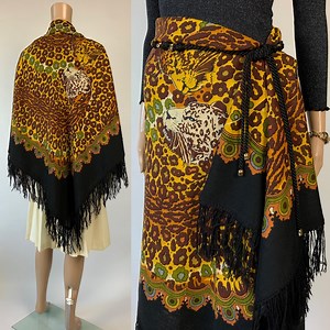 60s Big Animal Print Piano Fringe Scarf / Vintage Leopard Tiger Large Shoulder Shawl - Etsy