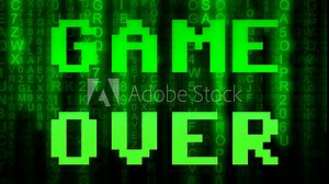 A game over screen, 8 bit retro style, mixed with code rain (random computer symbols falling down, a popular sci-fi movie effect).
