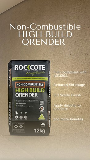 Raising the standard in render performance and compliance. Rockcote Quick Render High Build Non-Combustible is designed for projects where safety and performance can’t be compromised. Formulated to meet NCC non-combustibility requirements, this advanced render provides a high-build, durable solution ideal for challenging substrates and demanding environments. ✅ Certified non-combustible ✅ Strong adhesion and high coverage ✅ Smooth, consistent finish ✅ Proudly Australian-made and developed It’s a