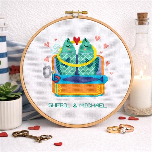 Cute Love Fish Cross Stitch Pattern, Personalized Sardines Couple Design, Wind up Toy Romance, DIY Embroidery ABC Included Pdf & Saga - Etsy
