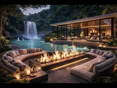 Smooth Jazz Lounge Music 🌴 Relaxing Jungle Villa Poolside with Waterfall & Firepit Ambience