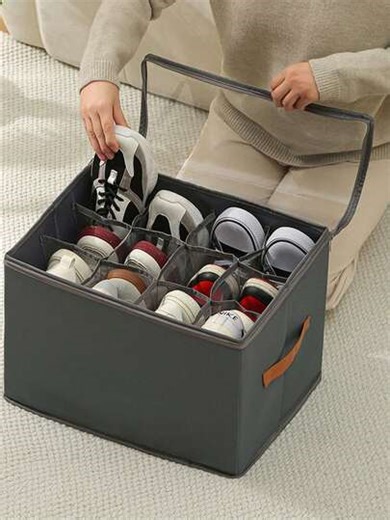 Stapelbare und zusammenklappbare Aufbewahrungsbox aus Leinen mit Deckel - Strapazierfähiger, platzsparender Organizer-Korb für Kleiderschrank, Schlafzimmer, Wäsche und Büro; vielseitige Box für Kleidung, Spielzeug, Schuhe, Accessoires; leichte, faltbare Box mit stabilen Griffen für einfachen Zugriff, verdeckte Innenbespannung und ordentliche Stapelbarkeit; ideal für Studentenwohnheime, Apartments, kleine Räume und saisonale Organisation | SHEIN