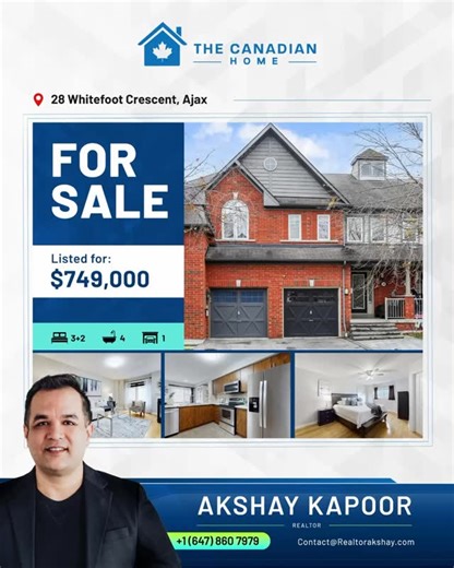 🏡 Welcome to 28 Whitefoot Crescent, Ajax — a beautifully maintained 3 2 bedroom, 4-bath home perfect for families. This charming property features: ✔️ A bright and spacious living area ✔️ A modern, functional kitchen ✔️ Generously sized bedrooms ✔️ A finished basement offering bonus living space ✔️ A single-car garage and driveway parking Don’t miss your chance to own this stunning Ajax home — schedule your showing today!✨ Akshay Kapoor REALTOR 1 (647)-860-7979 Contact@realtorakshay.com 📱Downl