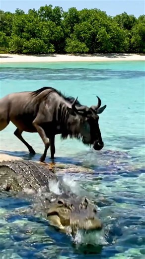 Nile Crocodile vs Blue Wildebeest on the a coral-fringed tropical reef lagoon (Western Indian Ocea