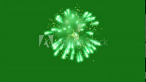 Footage of cartoon fireworks eruptions, with a green screen background.