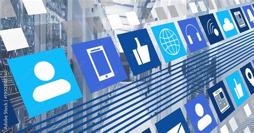 Rows of blue app icons scrolling diagonally after camera pan, revealing icons to show data flow