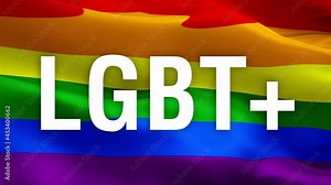 LGBT+ text on Pride flag seamless loop. LGBT+ concept flag Closeup 1080p Full HD 1920X1080 footage video waving in wind. Pride 3d LGBT+ flag waving. Sign of LGBT+ Rainbow seamless loop animation. Gay