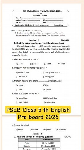 PSEB Class 5 th English pre board 2026 important sample paper full solution #preboard2026