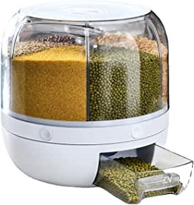 NONOO Rice Dispenser 6-Grid Rice Storage Container, Rice & Grain Storage Container Rotating Rice Storage Bucket One-Click Round Rice Output for Grains, Snacks, Dog Food, Coffee Beans