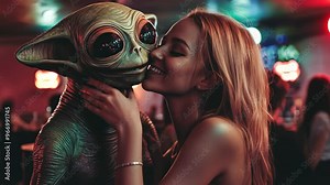 A joyful young woman embraces an alien character in a vibrant bar setting, celebrating cosplay and themed parties, perfect for Halloween or Comic-Con events