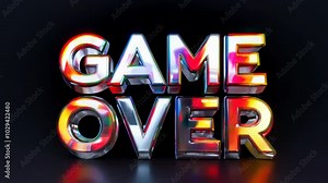 Game over chrome sign appears on the screen with flashing light and reflections screen lights. Retro styled game over text