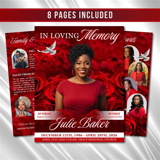 Red Floral Funeral Program Template, 8-page Memorial (canva, PDF) - Etsy