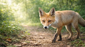 Trail camera captures a fox walking along a forest path