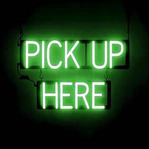 SpellBrite PICK UP HERE Sign | Order & Pickup-Related Sign with Neon Look, Green LED Light Source | 23.4" x 15.0"