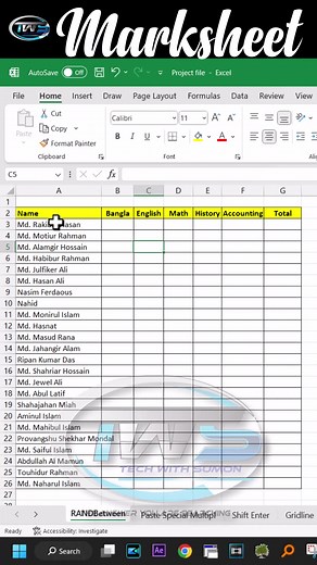 Marksheet in Excel #shorts | RandBetween Formula in Excel #shortsvideo #reelsinstagram #reelsviral #reelsfb #reelsvideo #reels2023 #excelshortcutkeys | Tech With Sumon