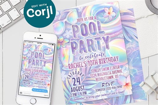 Pool Party Birthday Invitation: Glam Girl Shimmer Swim, 5x7 4x6 Editable Template PDF JPG - Etsy