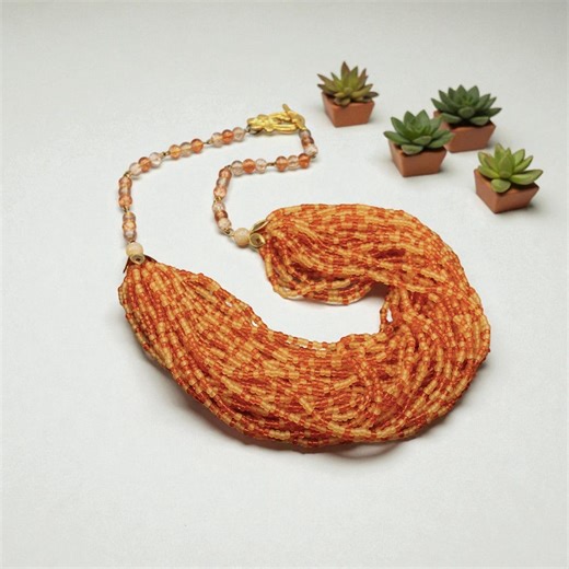 Chunky Orange Seed Bead Multi Strand Necklace, Bold Statement Beaded Jewelry, Handmade Colorful Beadwork - Etsy
