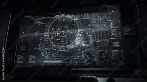 Security using the modern radar monitoring software. Radar security software examining the designated area of a town. Radar security scanner software locates the enemy on the city road. Data analysis.