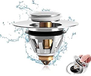 Universal Bathroom Sink Stopper for 1.1"-1.5" Sink Drain Hole with No Overflow Stainless Steel Bullet Bounce Core Push-type Converter, Pop Up Drain Filter with Hair Catcher(Silver)