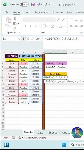 sumifs function in excel in hindi 🔥💯🥹| sumif formula in excel #excel #sumifs