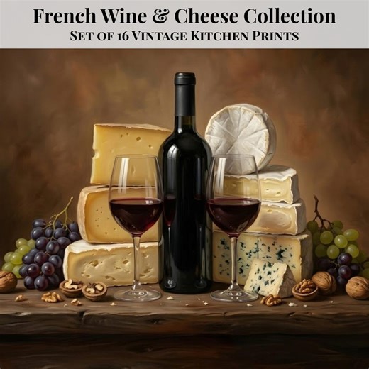 Wine and Cheese Wall Art Set of 16 Prints, Kitchen Decor, Wine Lover Gift, Wine Bar Decor, Cheese Wall Art, Printable Art