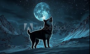 the shadow of a wolf howling right in the middle of the big red moon above the ice mountains at night