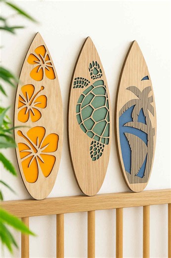 Beach House Wall Art – Layered Wooden Surfboard Coastal Decor With Sea Turtle, Palm, Monstera - Etsy