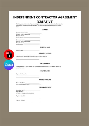 Independent Contractor Agreement Template | Freelancer Contract | Creative Services Contract | Editable Canva PDF - Etsy