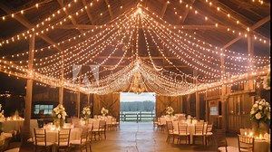 A beautifully adorned barn interior with rustic touches, transformed for a romantic wedding ceremony, Rustic barn wedding with string lights