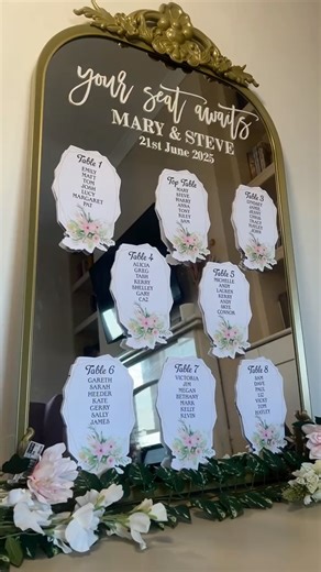 Caity | Cricut Community Manager & Content Creator 💚🌸 on Instagram: "You don’t need a custom sign supplier to create a luxe wedding table plan 💓 Watch how I created a table plan using my Cricut machine, I used print then cut which was so quick and easy to do. Applied to a gold mirror I picked up in @ikeauk 🤩 It is such a simple way to add a person, elevated detail yo your day. And the best part? Once the wedding is over, remove the card and peel the vinyl off. Leaving you with a beautiful mi