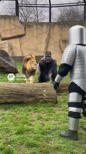 Gorilla & Lion React Instantly to a Man 😳 #zoo #funny #lion #gorilla