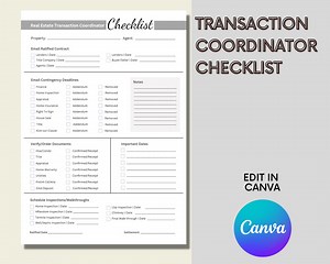 Transaction Coordinator Tracker Checklist | Editable Canva Template - Etsy