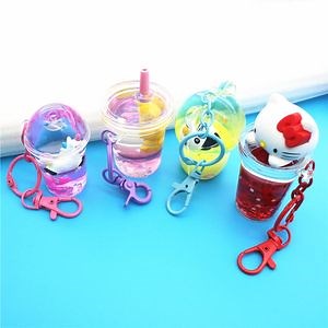 [Hot Item] Promotional Gift Acrylic Kawaii Cute Key Chain Ring Creative Filed Liquid Oil Quicksand Milk Tea Cup Floating Liquid Keychain