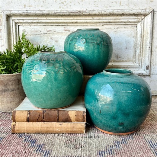 Vintage Antique Chinese Pottery Ginger Jar Blue Green - Etsy