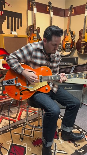 Just in from the Philly guitar show is this near mint 1957 Gretsch 6120 being played by @austin_john_ through a Roland Space Echo & Fender Vibrolux. The ‘57 is the cleanest example of a 6120 we’ve had in the store. It comes with the original n. mint Gretsch cowboy case, original receipt from the owner in ‘57, hang tags, COA, original bridge, Gretsch cloth and strings. This guitar will be up on our website very soon! Don’t miss your chance to own a killer piece of Gretsch history. #gretsch #grets