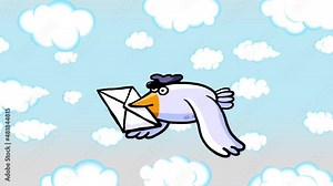 Cartoon carrier pigeon flying with envelope. Postman animal. Message symbol seamless loop with moving clouds. Post office symbol. Oldschool messenger. Bird bringing message. Stock Video