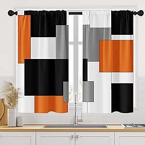 Orange Kitchen Curtains 45 Inch Length Black Grey White Window Short Tier Curtains Over Sink Set of 2, Modern Abstract Geometric Art Kitchen Decor 42x45 Inch